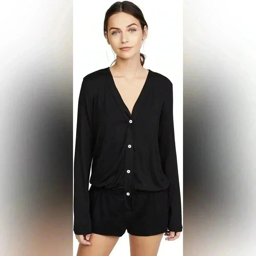 Eberjey Navy Jersey Long Sleeve Romper Pajamas Women’s M Soft Lounge One Piece - Picture 2 of 12
